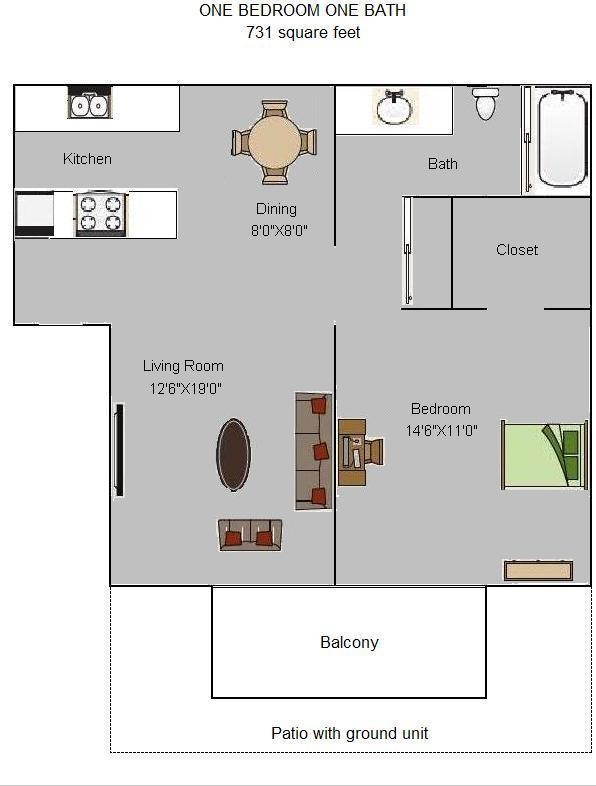 One Bedroom One Bath 731 square feet Floor Plan